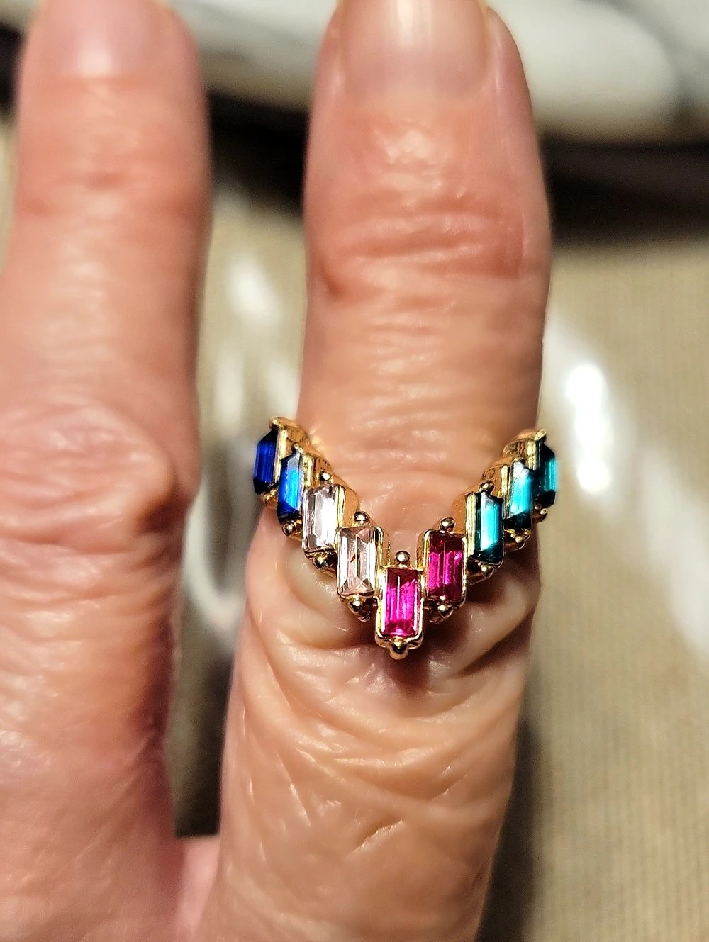 Multicolor Baguette Stone Ring in Gold-tone Size 5